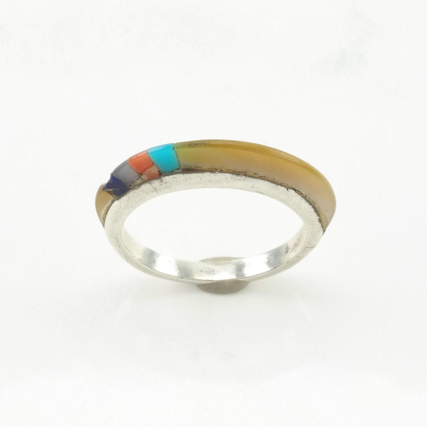 Native American Silver Ring MOP, Coral, Turquoise Inlay, 3 Dimensional Sterling Size 5 1/2