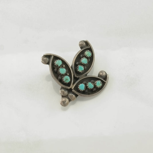 Native American Brooch Sterling Silver Floral Blue Turquoise