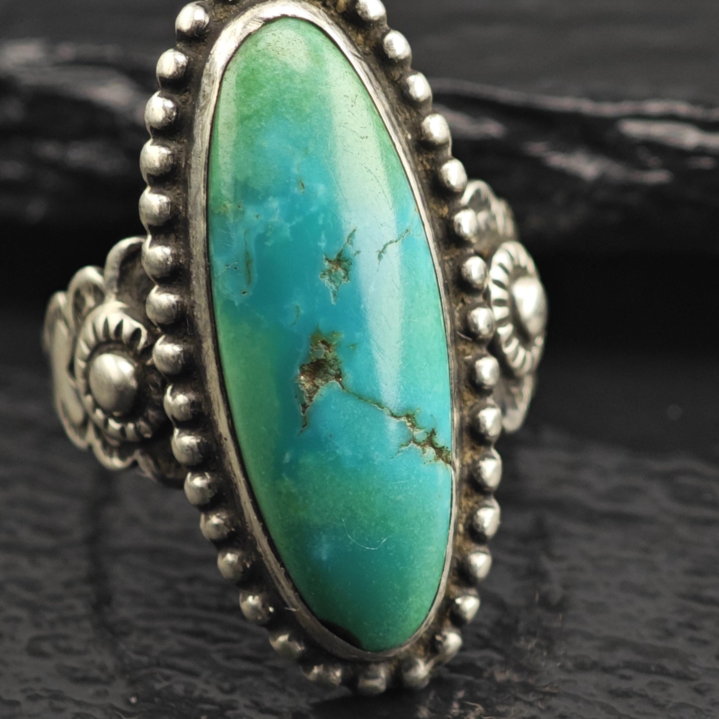 Vintage Native American Green Blue Turquoise Stamped Band Sterling Silver Ring Sz 6 1/2 R6661