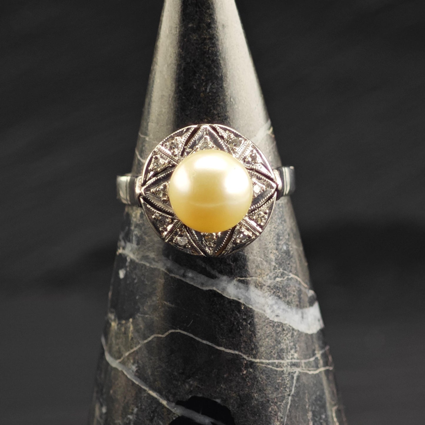 Art Deco Pearl Diamond Palladium Silver Ring Sz 6 1/2 R6715