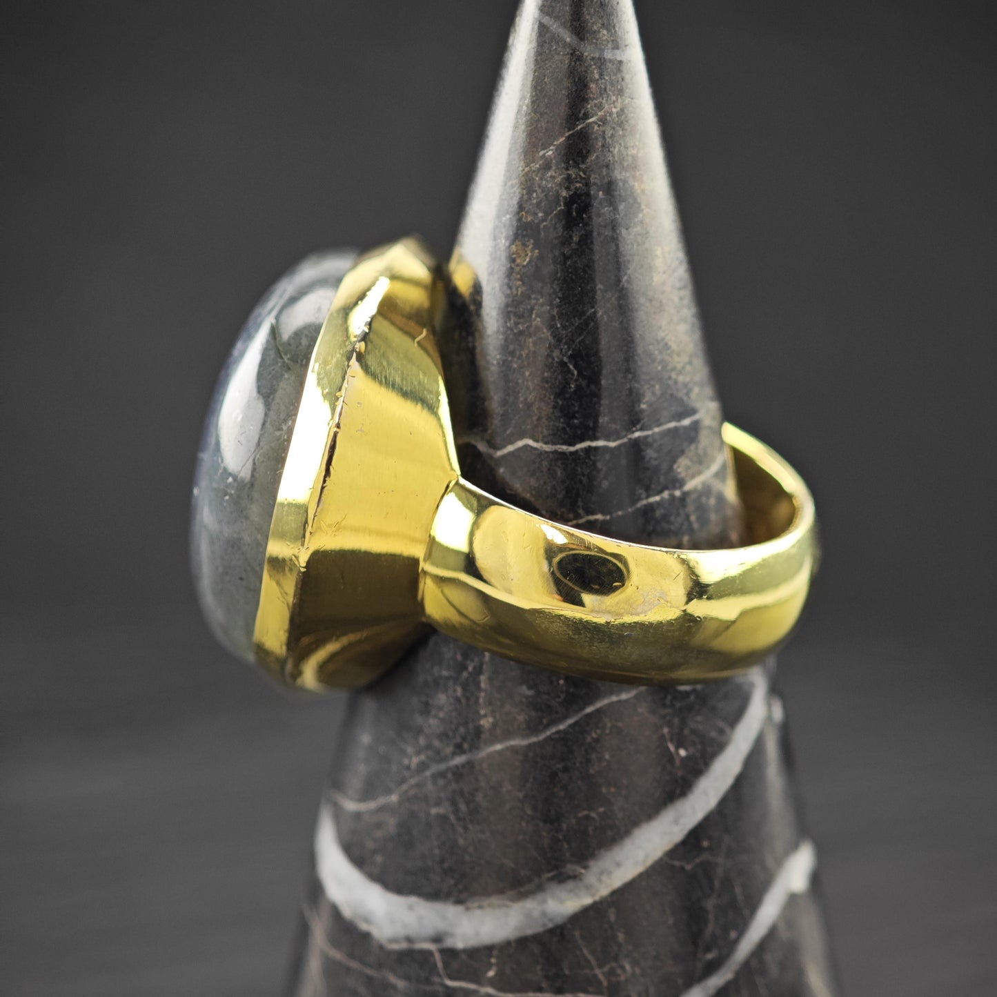 Gold Gilded Round Labradorite Ring Sterling Silver Sz 8