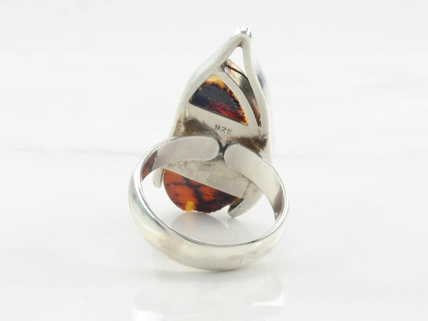 Sterling Silver Amber Ring Modernist Abstract Size 7