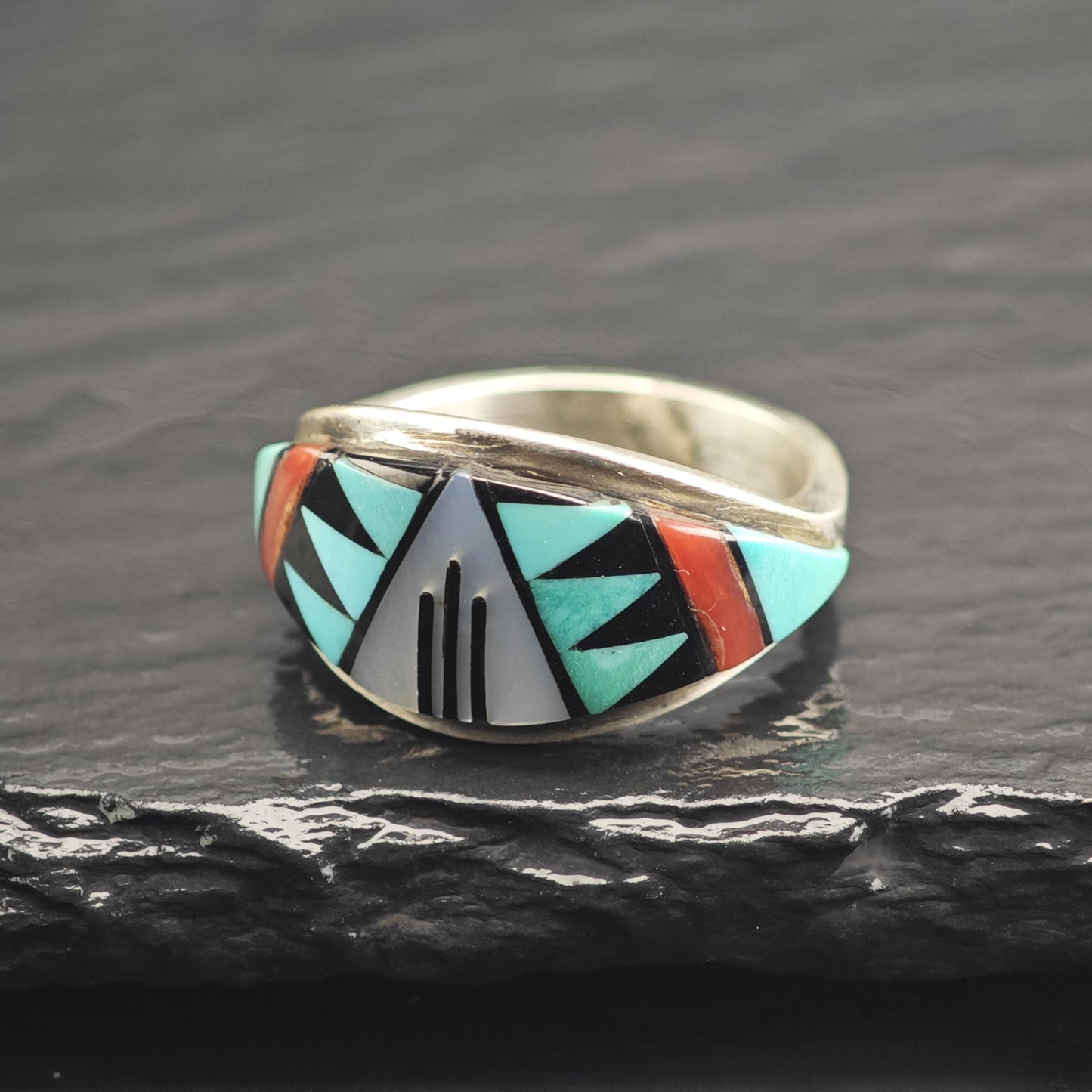 Vintage Zuni Multistone Inlay Band Sterling Silver Ring Sz 7 1/2 R6664