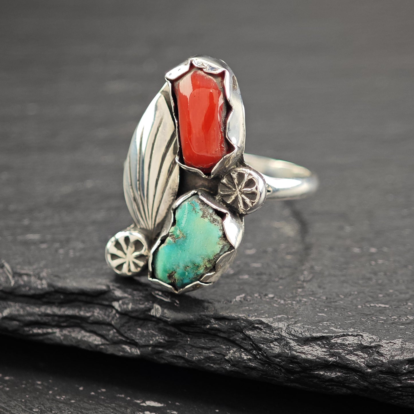 Turquoise, Coral Floral Ring Sterling Silver R5819