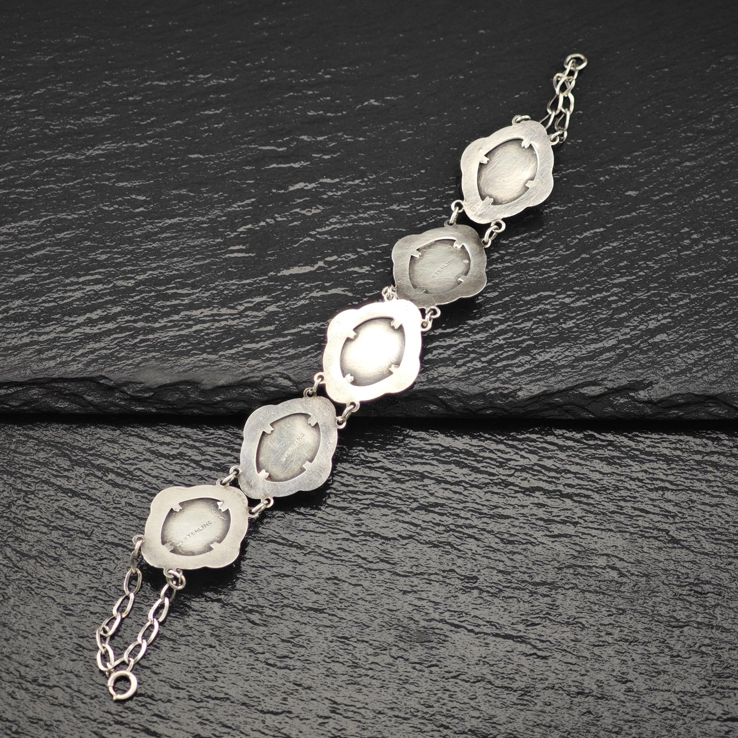 Antique Green Gemstone Cabochons Bracelet Sterling Silver Size 7 1/4"