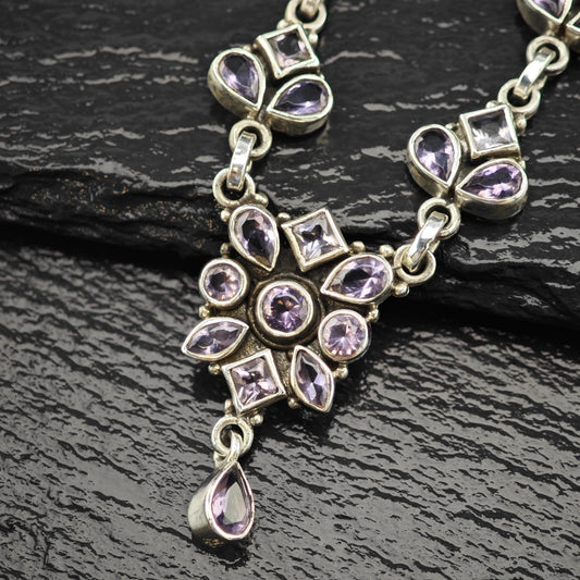 Sterling Silver Purple Amethyst Floral Necklace