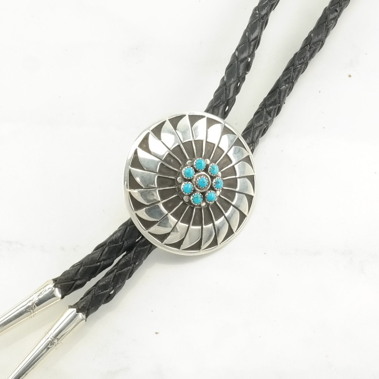 Vintage Native American Sterling Silver Blue Turquoise, Cluster Overlay Bolo Tie Necklace