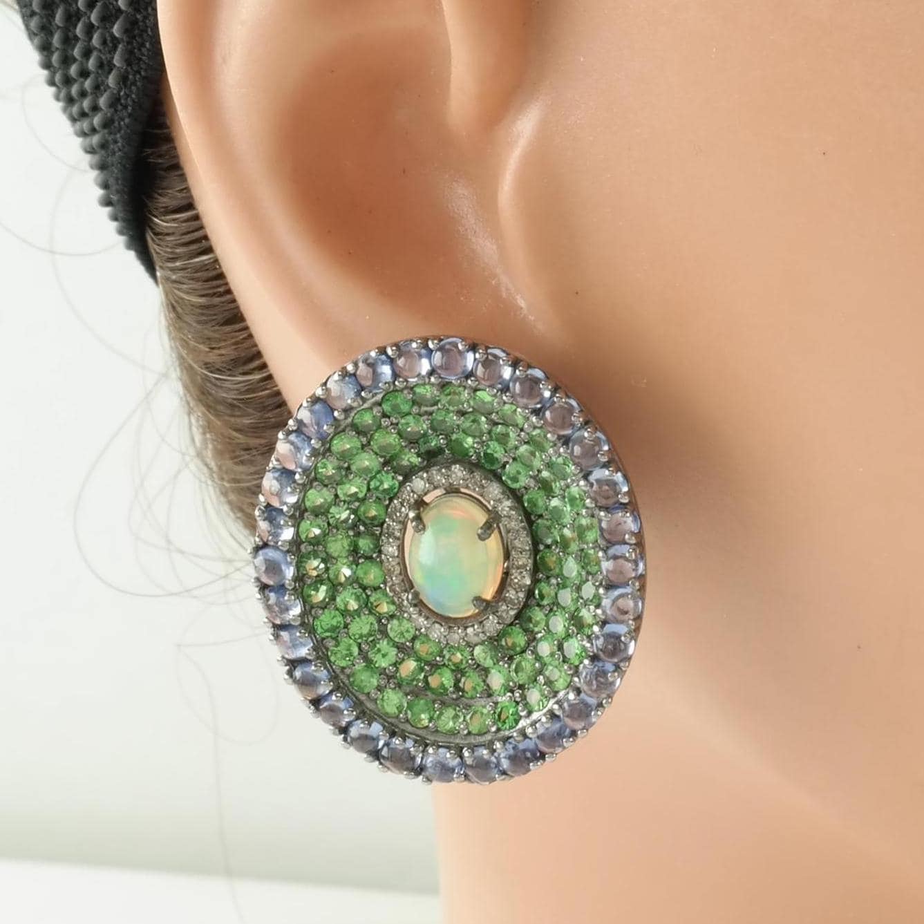 Vintage Diamond, Sapphire, Tsavorite, Opal Oval, Large Sterling Silver Pierced Omega Back Earrings