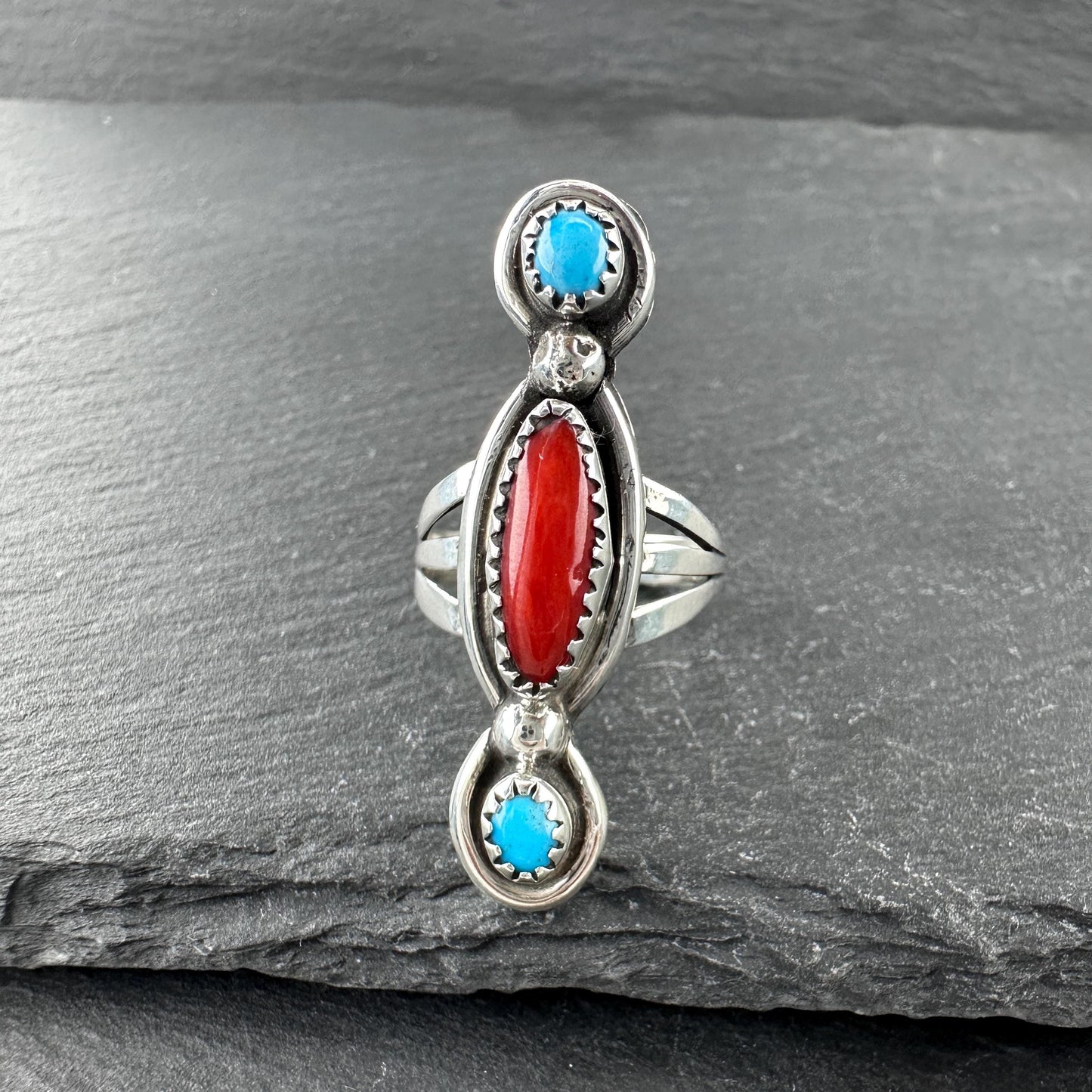 Native American, Coral, Turquoise Ring Sterling Silver