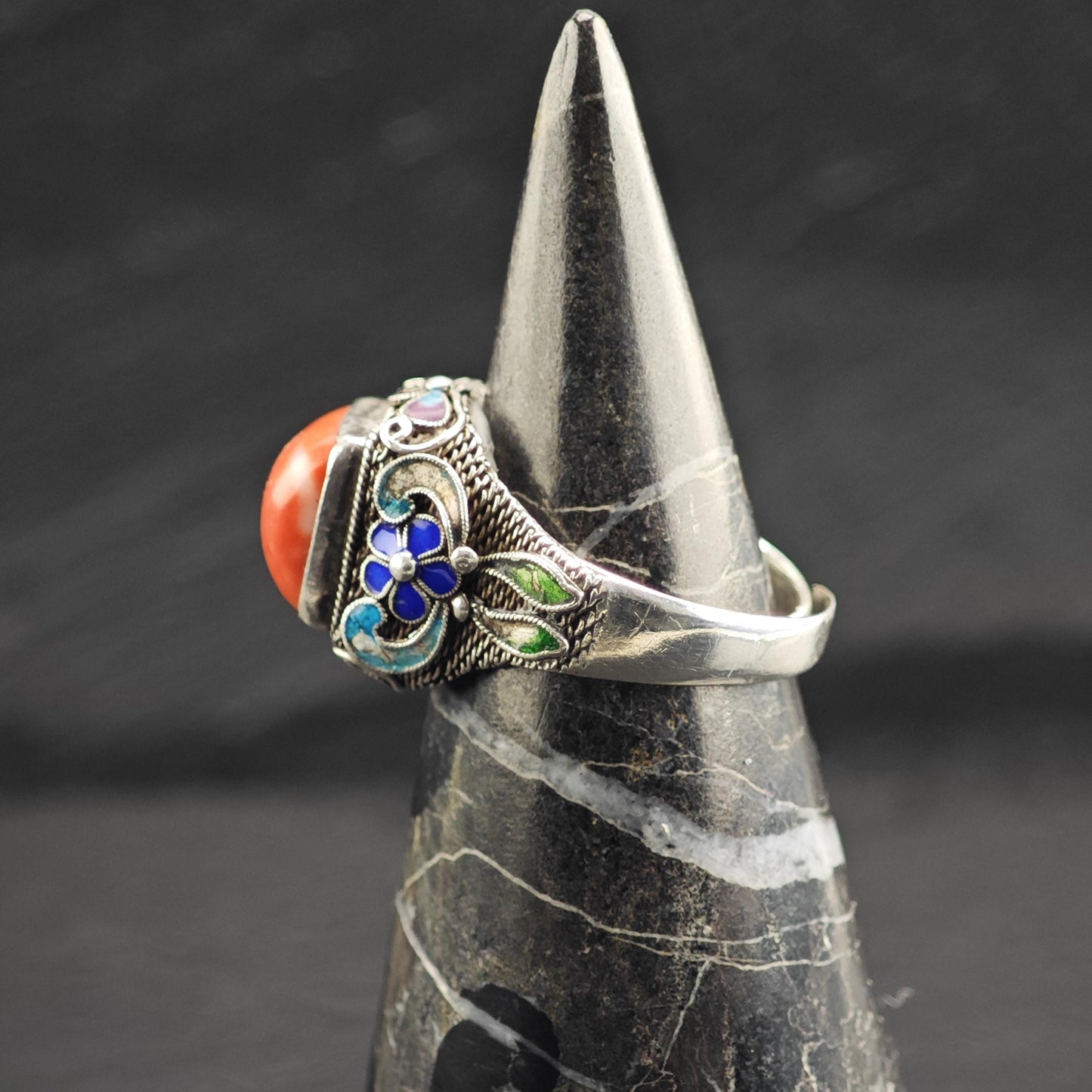 Chinese Export Enamel & Coral Sterling Silver Ring Sz 8 R6721