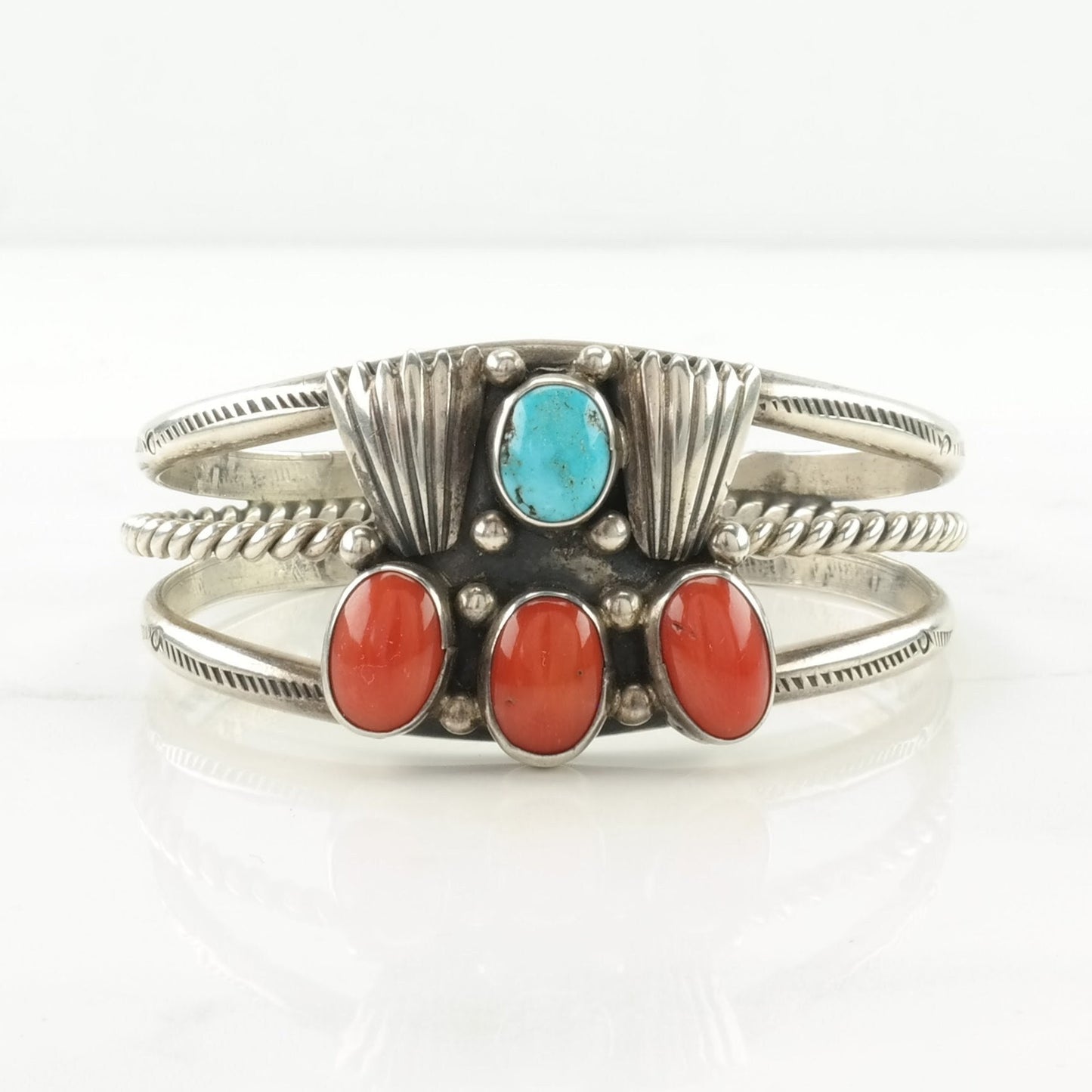 Native American Sterling Silver Cuff Bracelet Red, Blue Coral, Turquoise