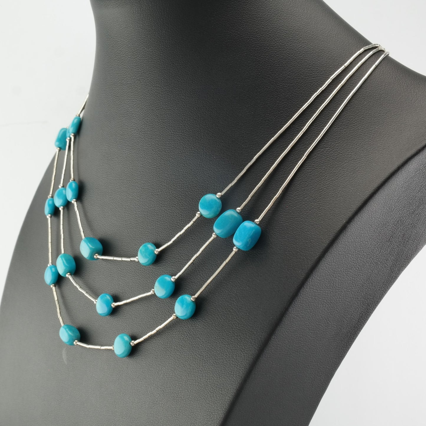 Southwest Sterling Silver Blue Turquoise 3 Strand, Liquid Silver Necklace