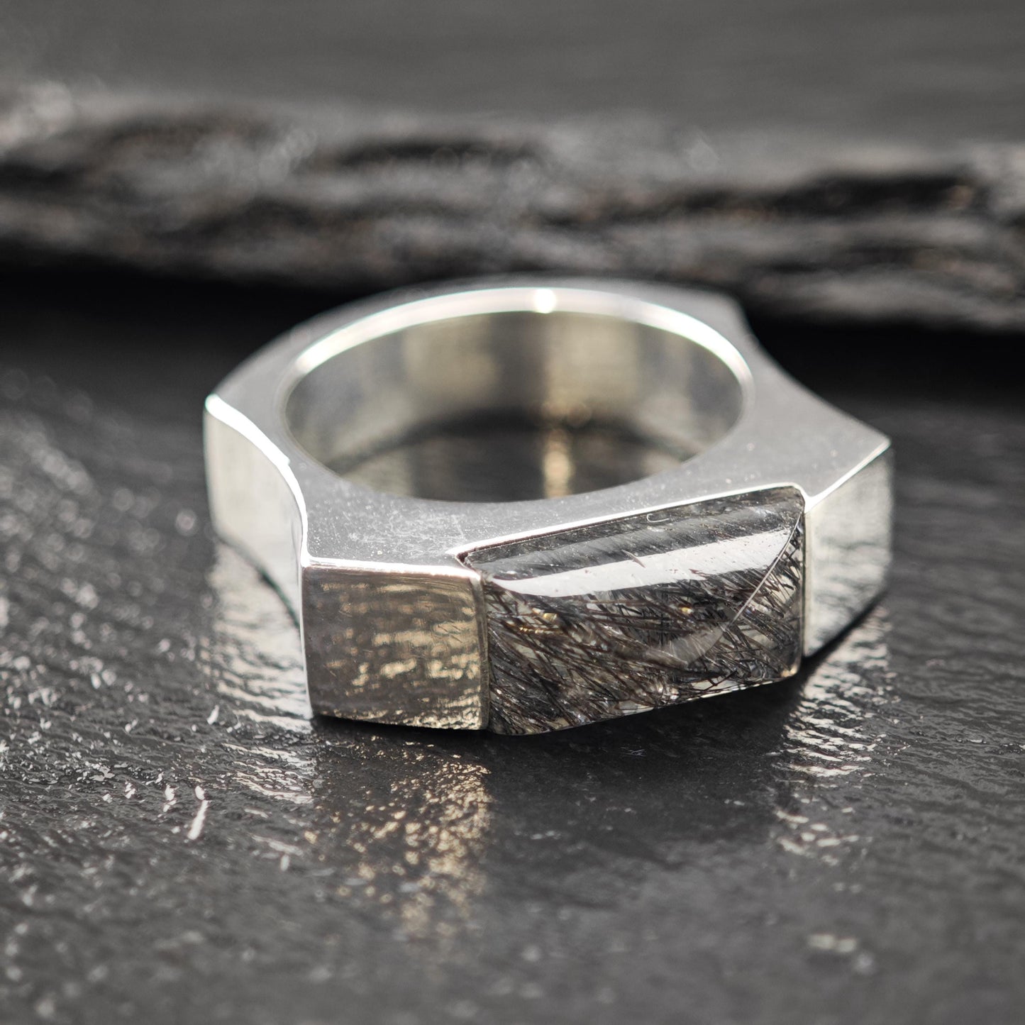 Black Rutilated Quartz Abstract Ring Sterling Silver Sz 8