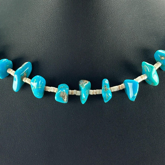 Sterling Silver Heishi Necklace with Blue Turquoise N2574