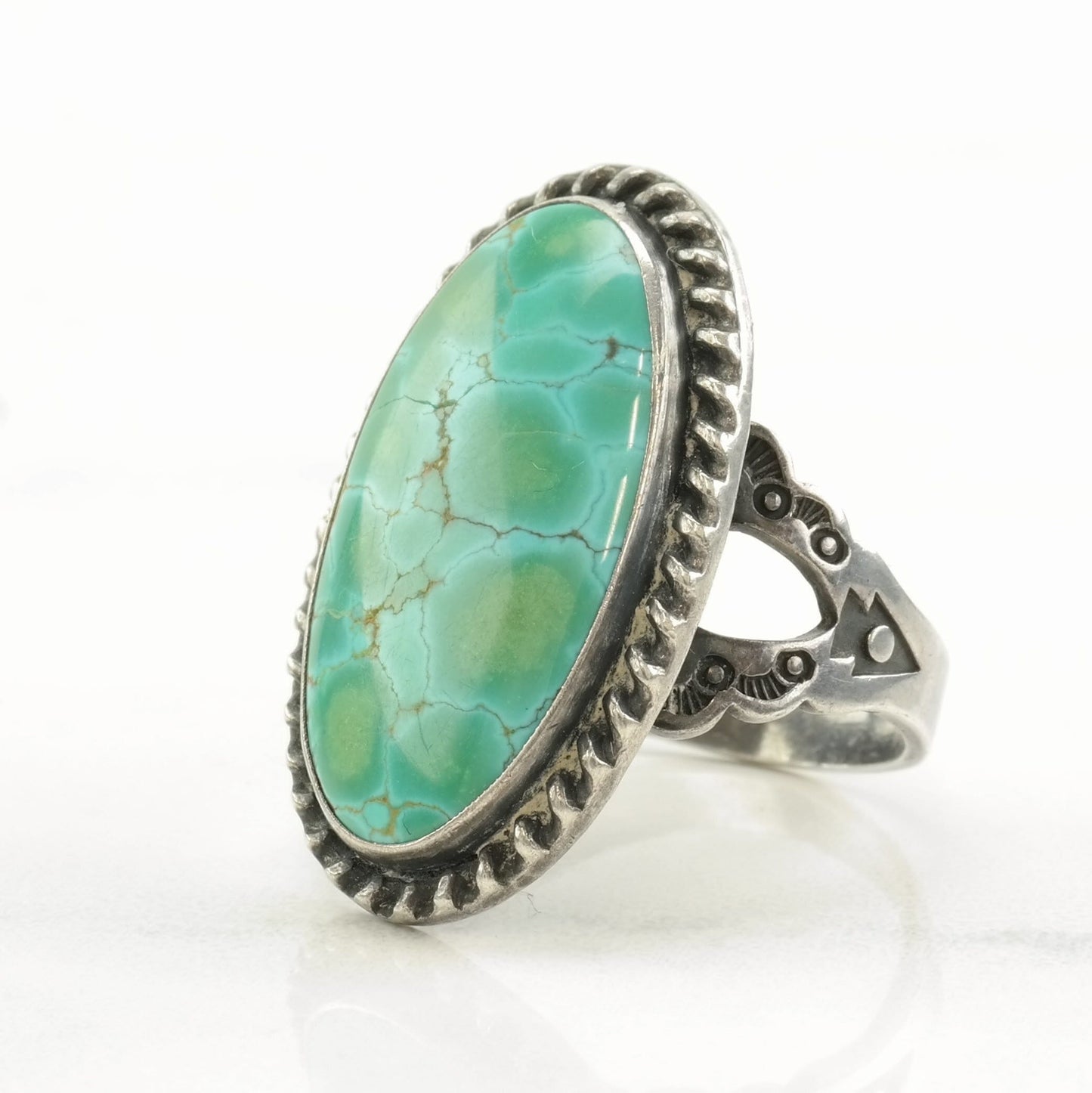 OOAK, Native American Silver Ring Spiderweb Turquoise Stamped Sterling Size 7 1/2