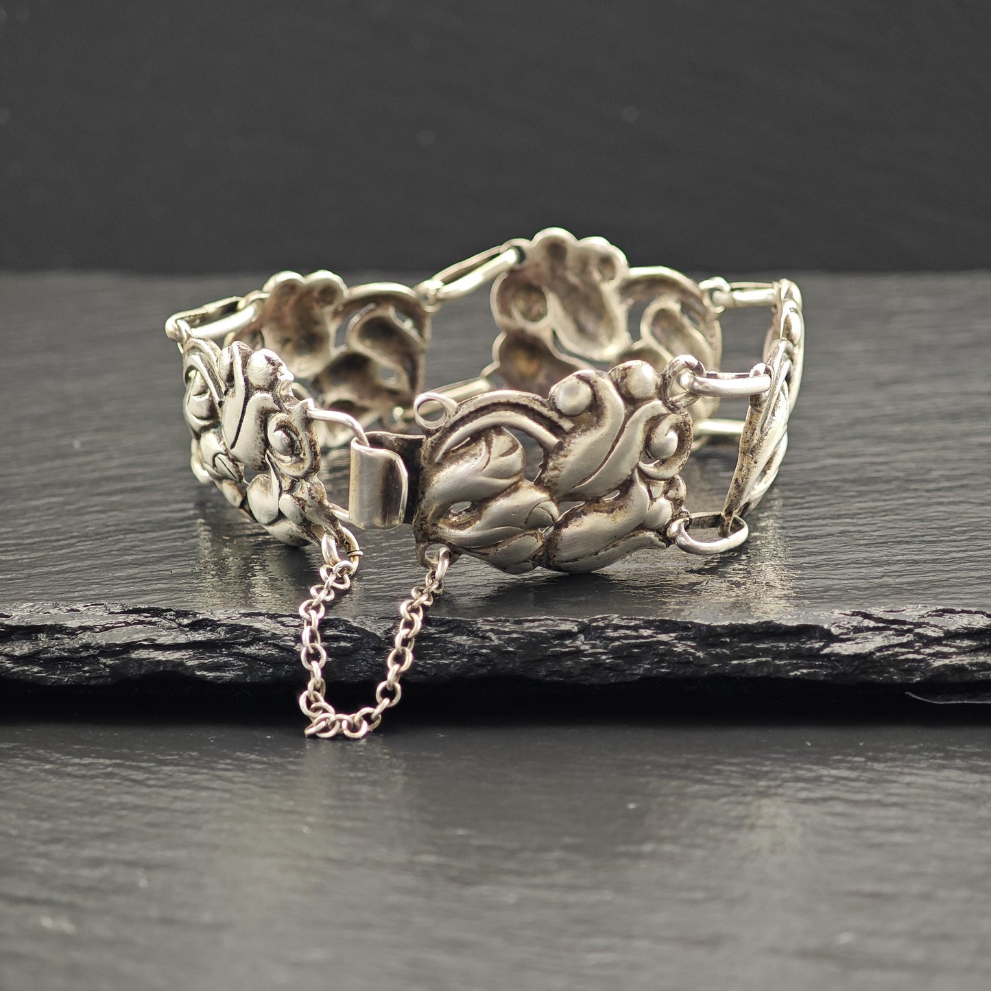 Vintage Art Nouveau Floral Link Bracelet Sterling Silver