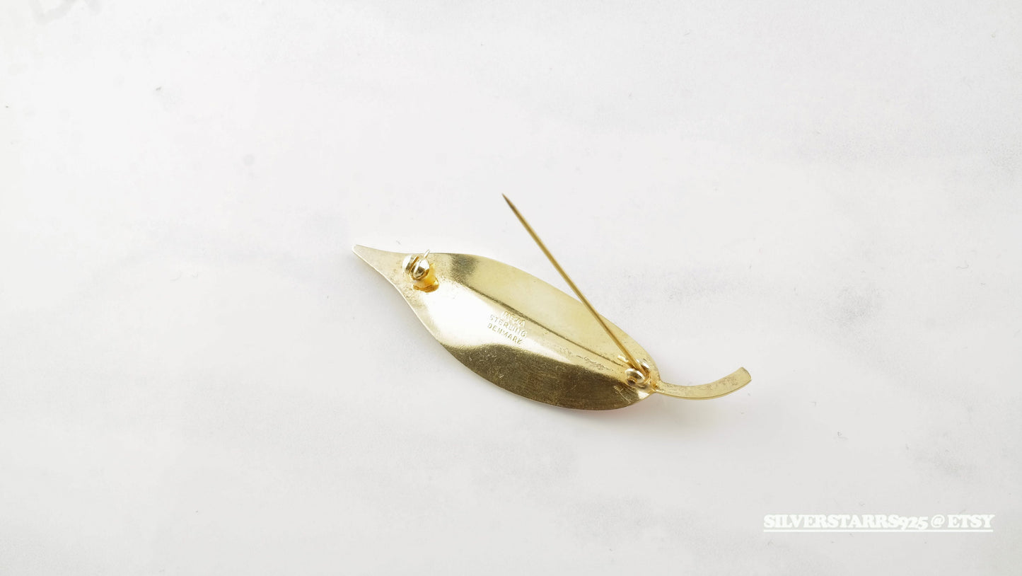 European Sterling Silver Gold Pink Enamel Leaf Brooch