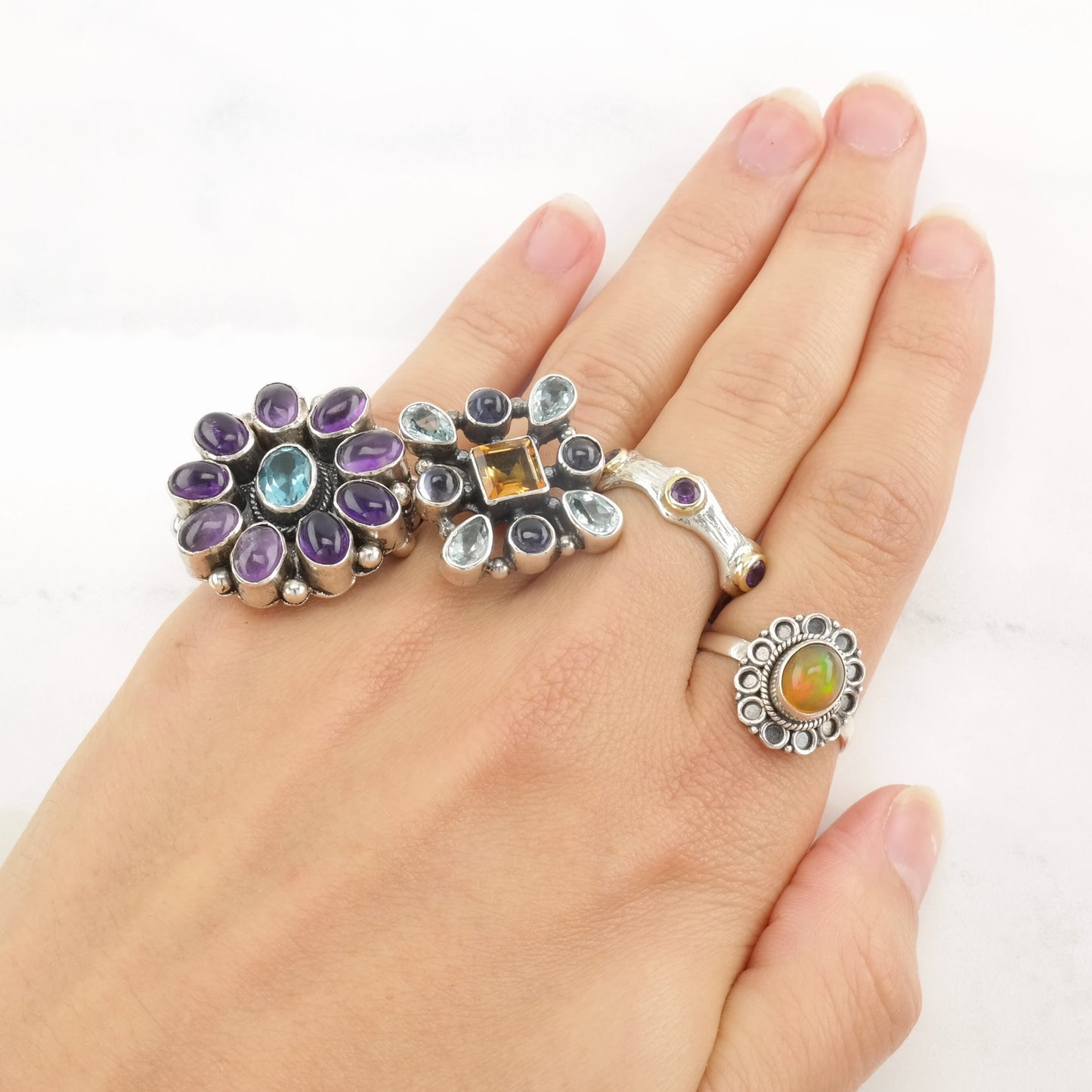 Sterling Silver Ring Amethyst, Topaz Floral Size 6 1/4