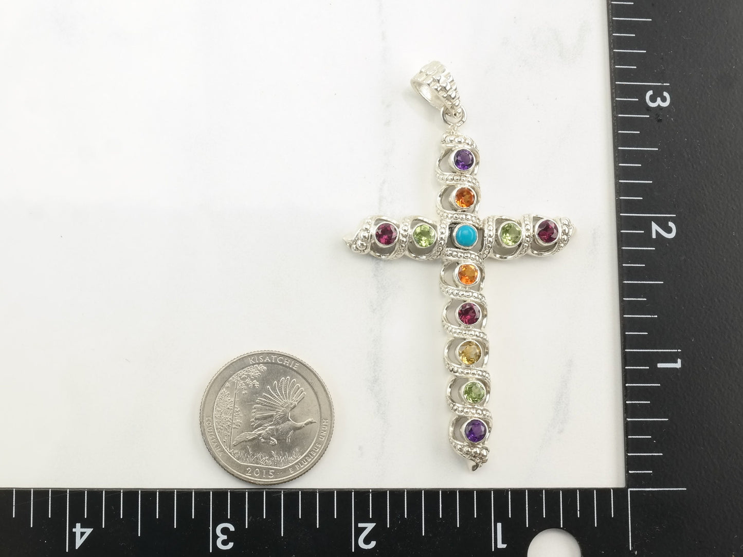 Vintage Nicky Butler Turquoise Garnet Peridot Amethyst Cross Sterling Silver Pendant