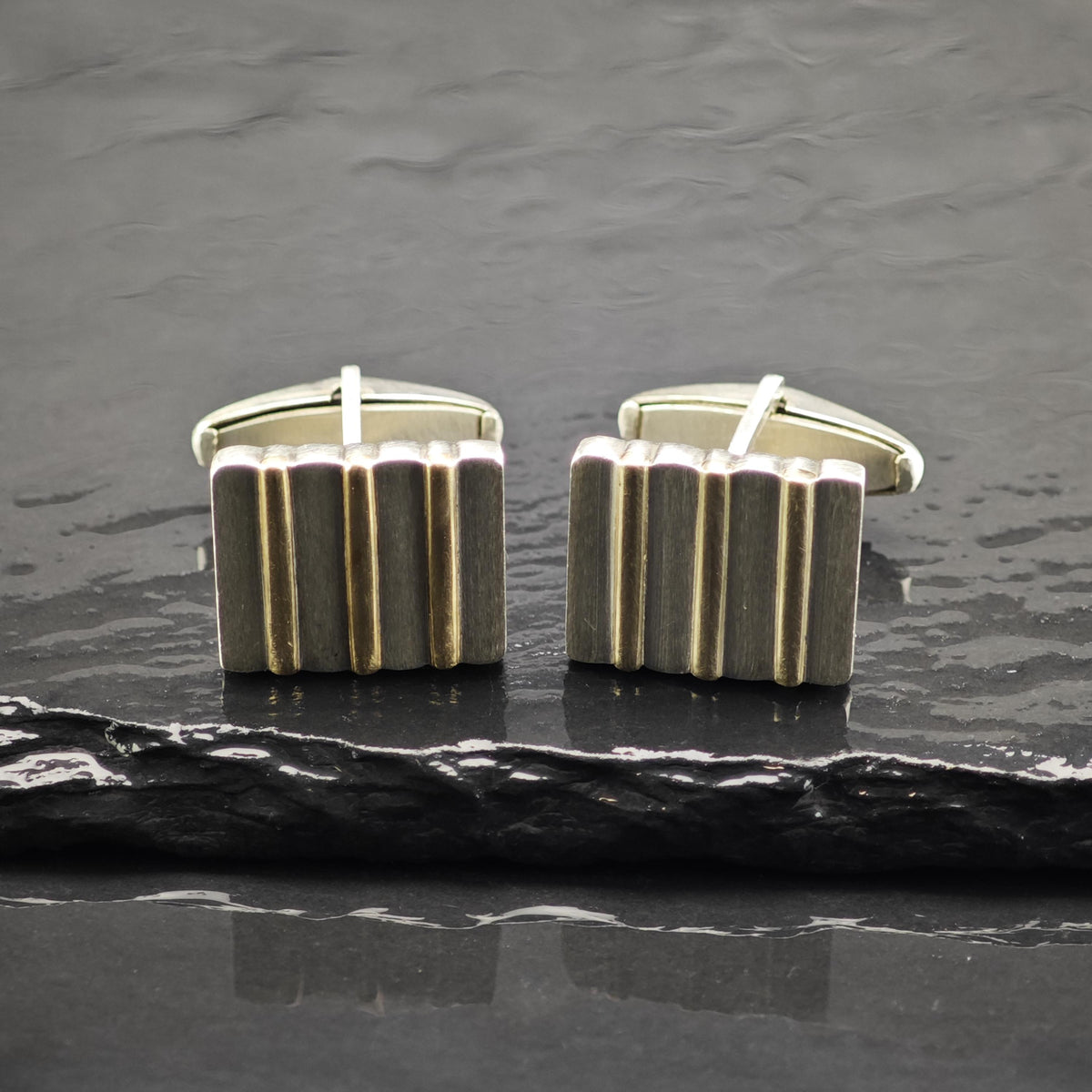 L&M Square 14K Gold Ribbed Accent Sterling Silver Cufflinks MISC0431