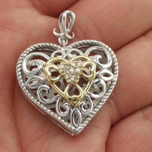 Vintage Diamond Heart Pendant Gold Tone Sterling Silver