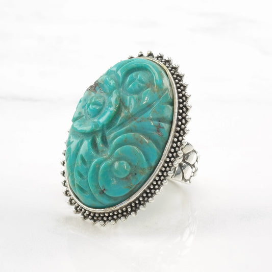 AKR Ring Turquoise Carved, Floral Sterling Silver Size 6