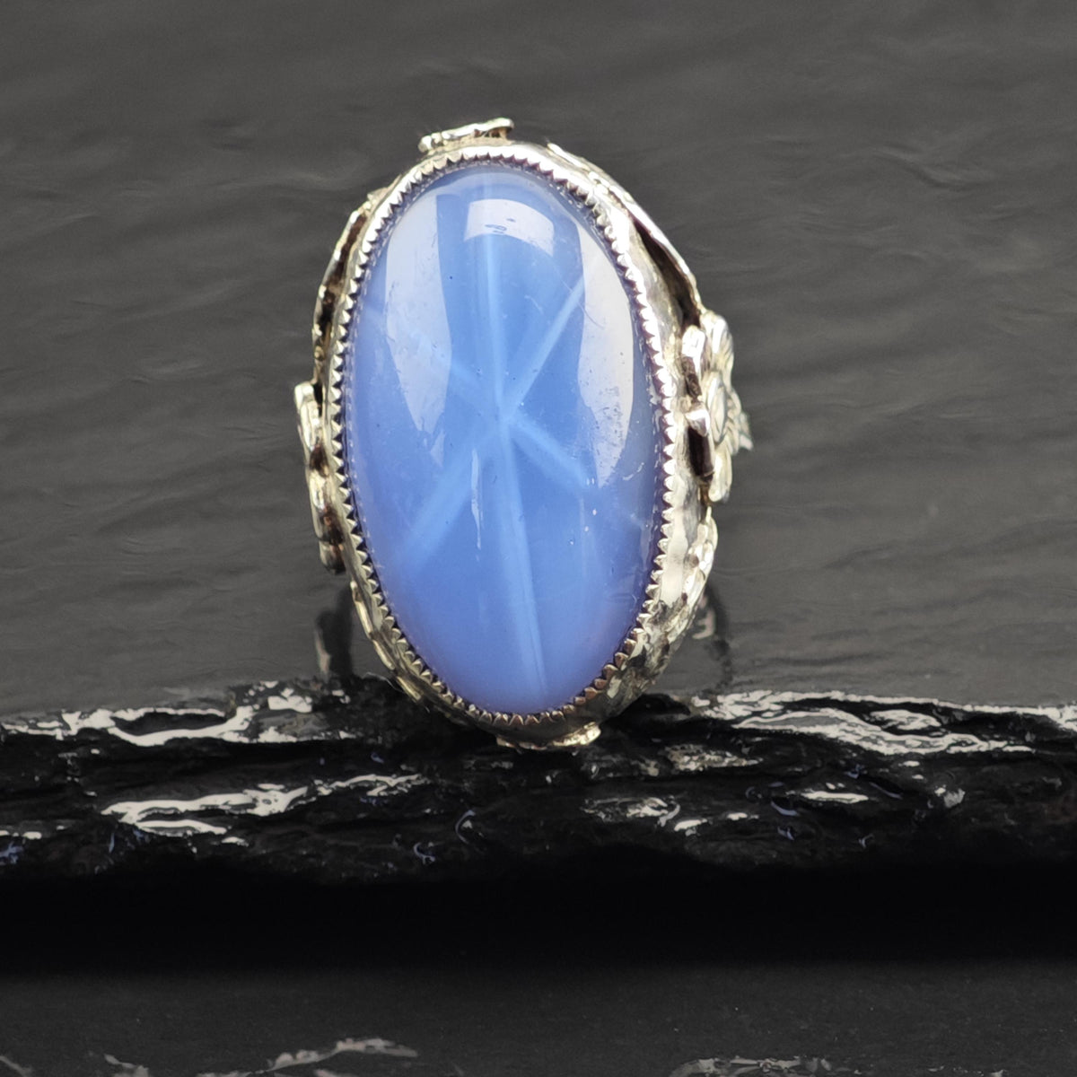 Art Nouveau Blue Stone Sterling Silver Ring Sz 5 1/2 R6738