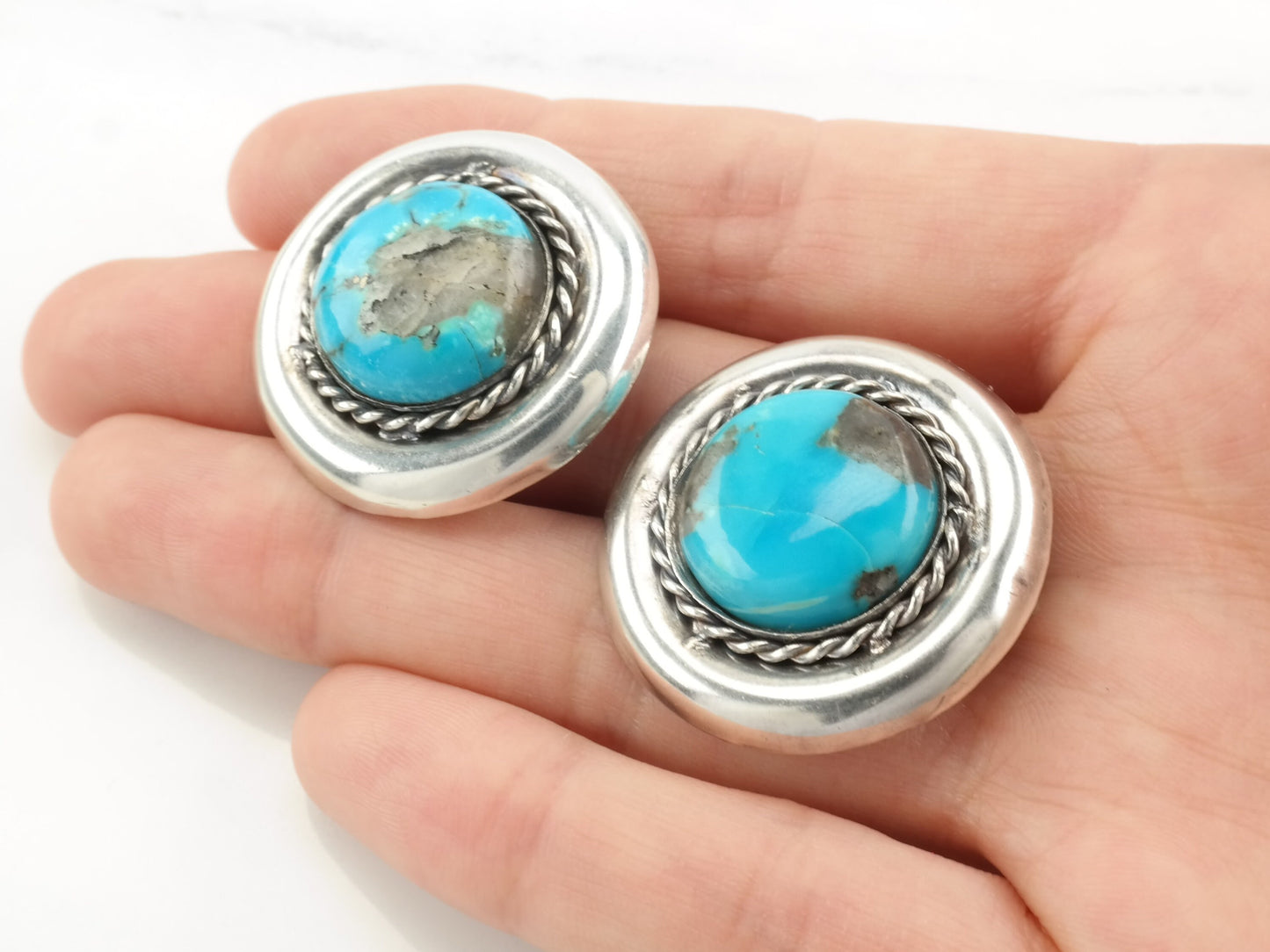 Southwest Turquoise Sterling Silver Circle Clip On Earrings