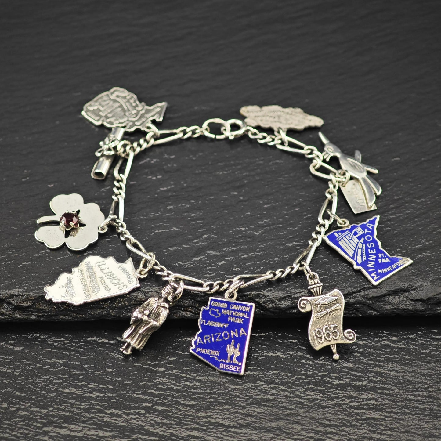 Enamel State Charm Bracelet Sterling Silver 6 3/4" BR3007