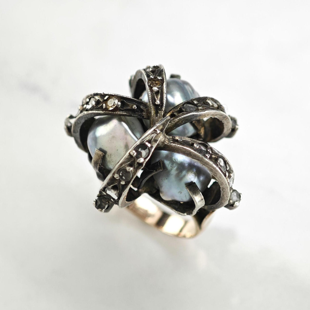 Mid-Century Rosecut Diamond, Pearl 10K Gold & Silver Ring Sz 6 R6775