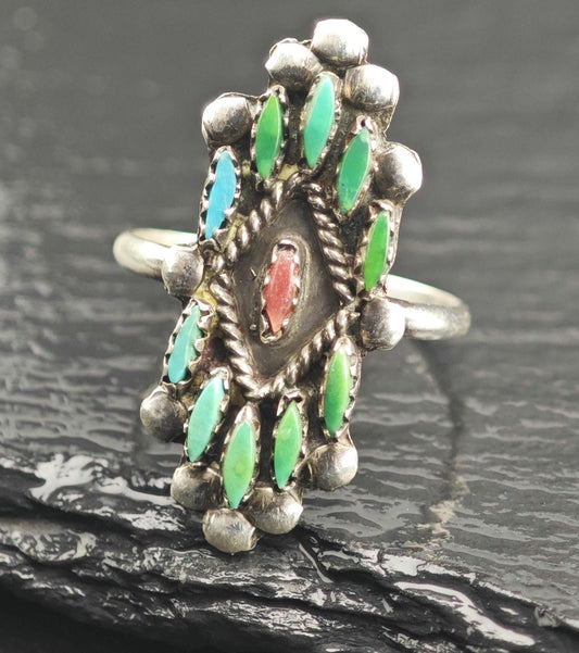 Vintage Zuni Needle Point Turquoise & Coral Sterling Silver Ring Sz 8 1/4 R6650