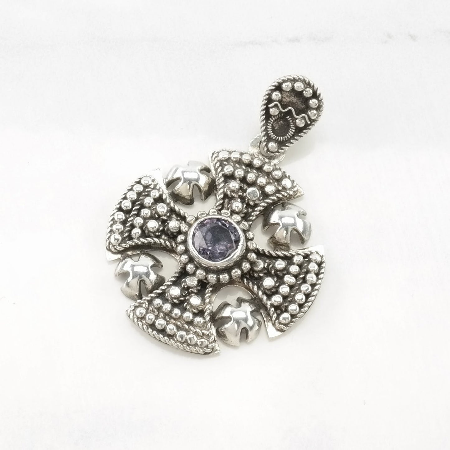 Vintage Created Alexandrite Jerusalem Cross Sterling Silver Pendant