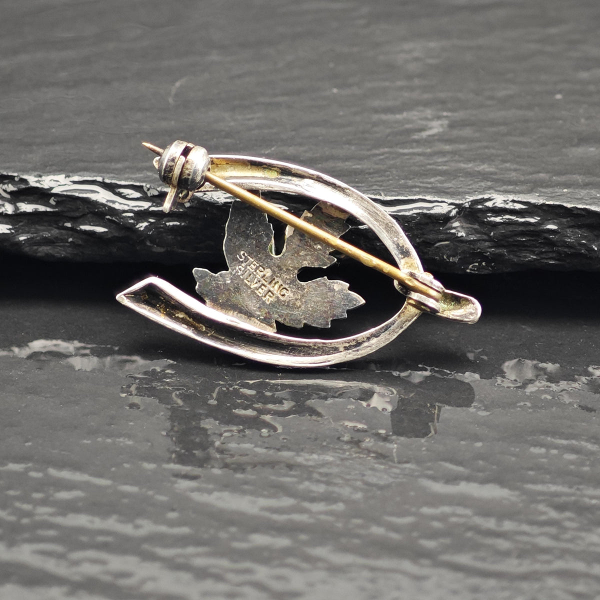 Enamel Maple Lead Wishbone Sterling Silver Brooch B2254