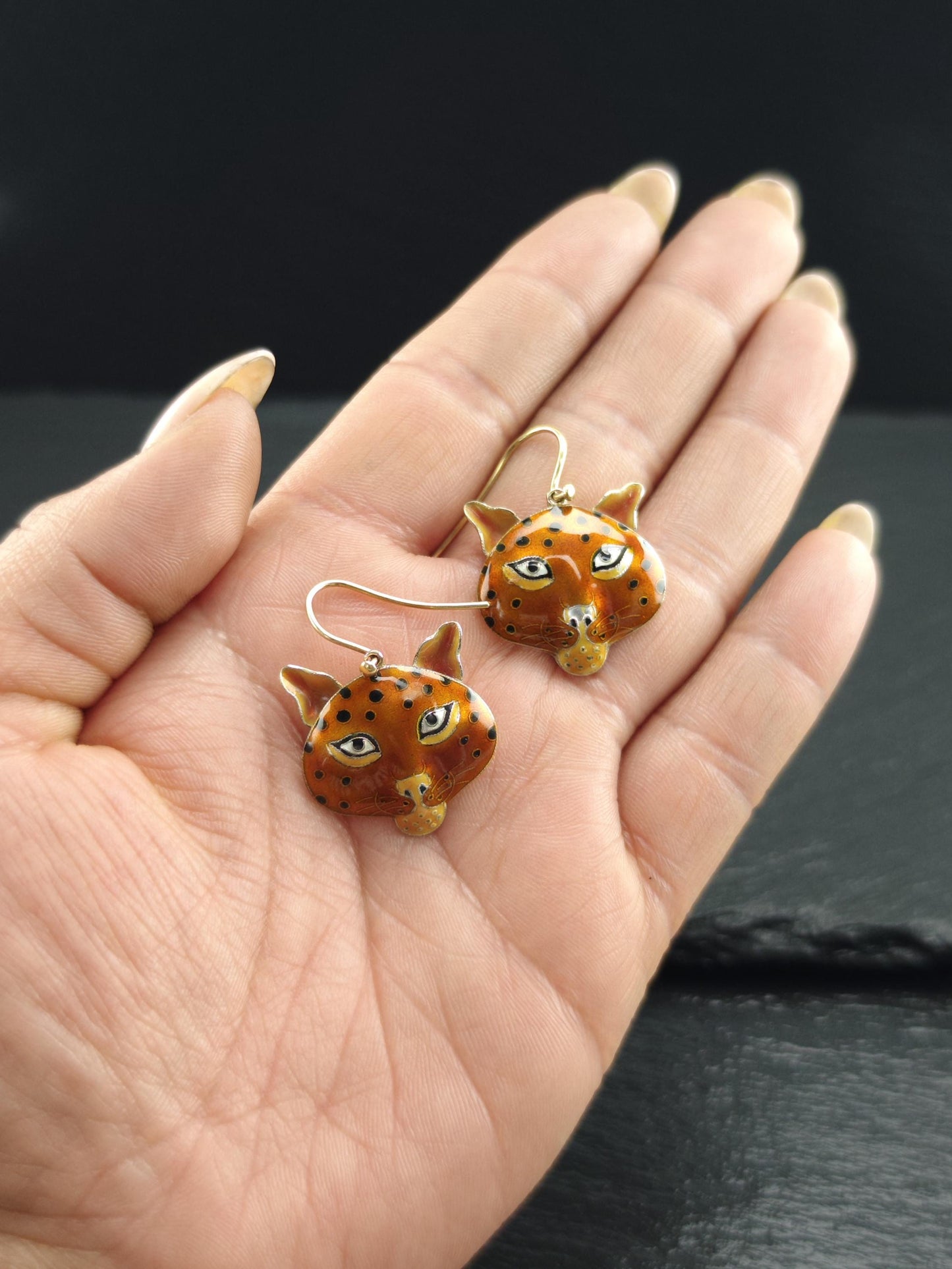 Laurel Burch Orange, Gold Gilded Enamel Cheetah Cat Fish Hook Earrings Sterling Silver