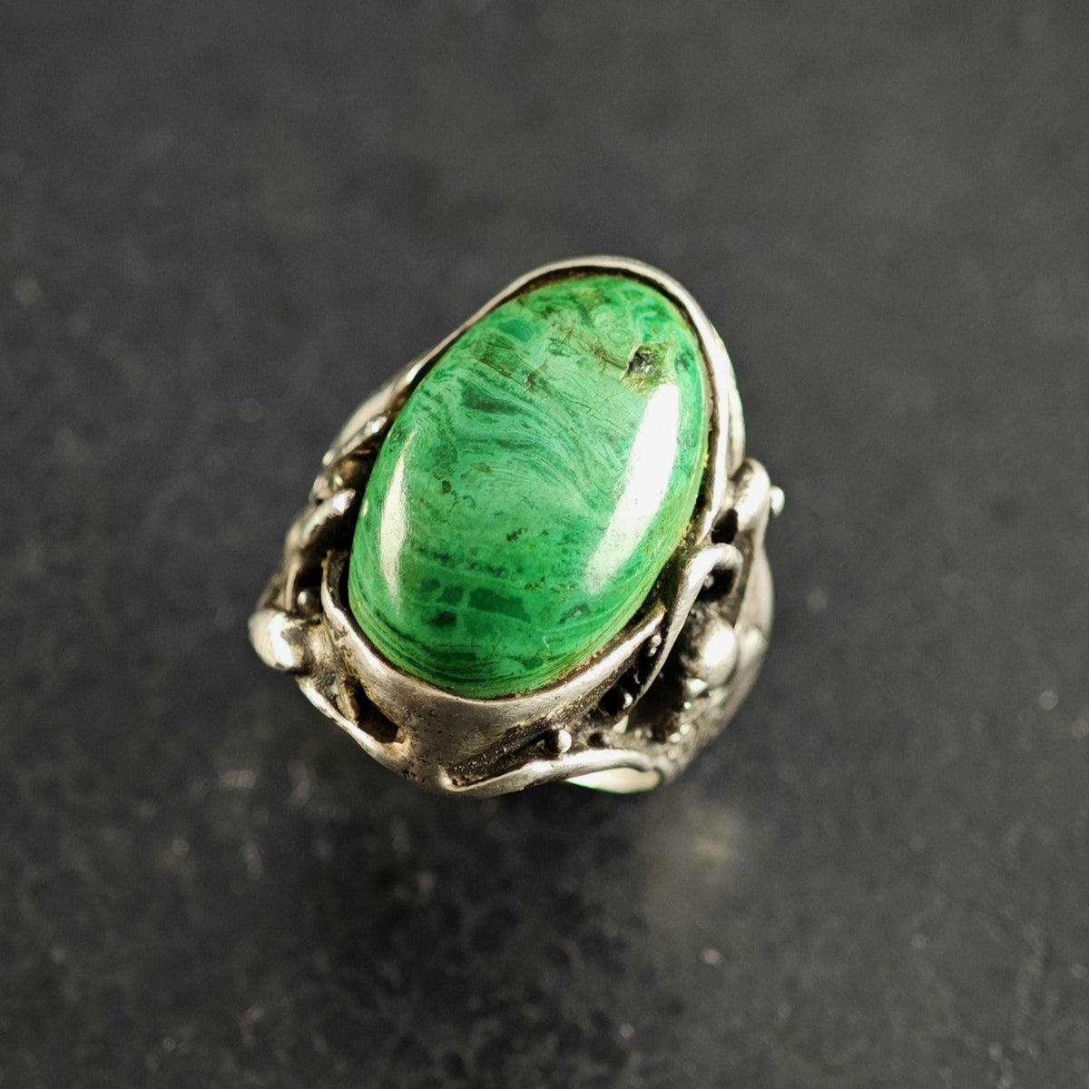 Brutalist Malachite Sterling Silver Ring Sz 7 R6878