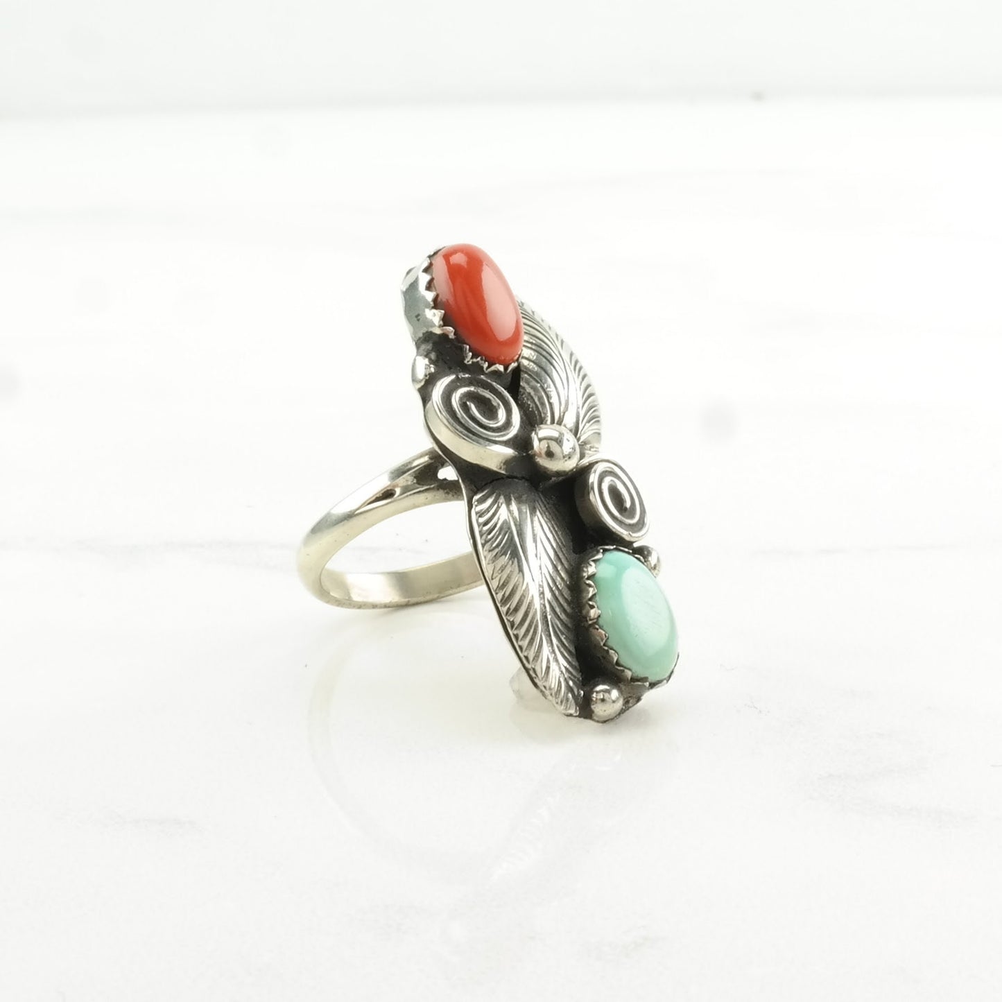 Native American Silver Ring Turquoise, Coral Leaf Sterling Green, Red Size 5 3/4