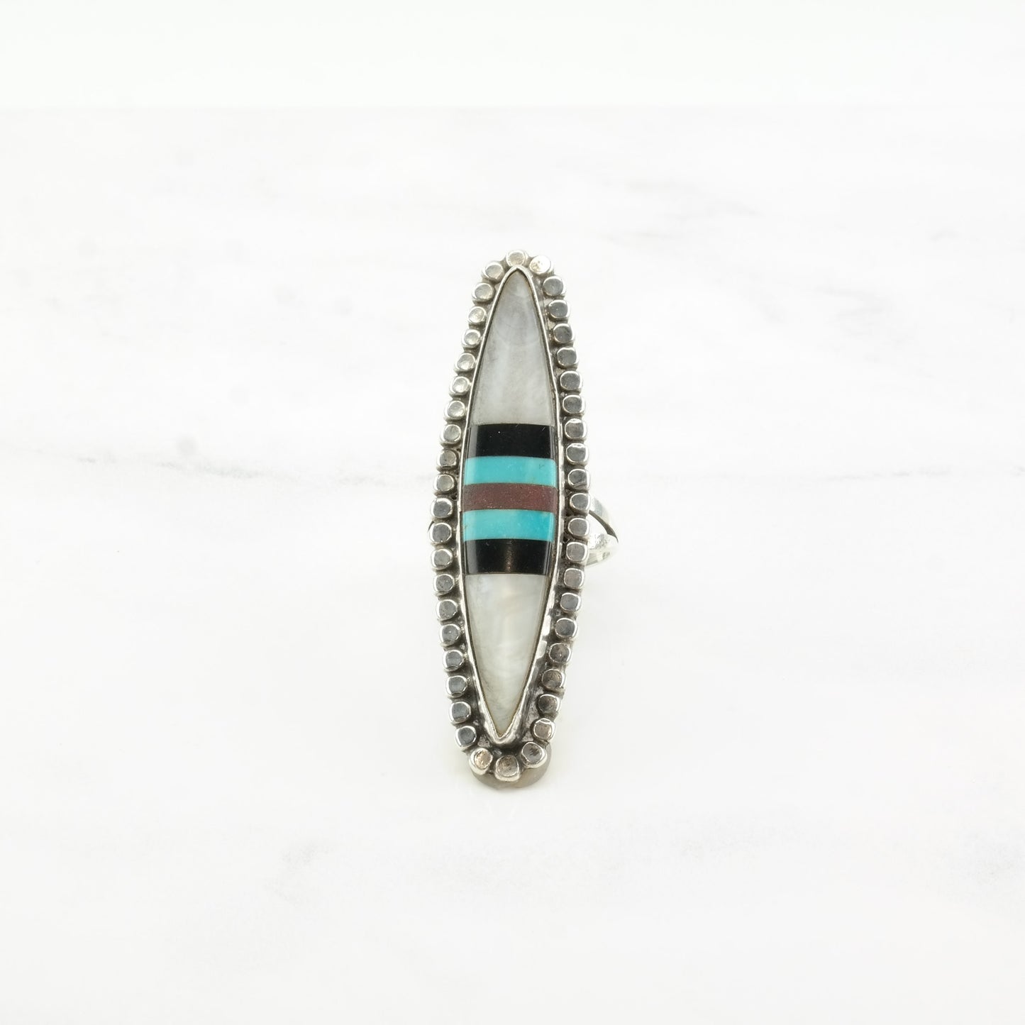 Zuni Silver Ring MOP Onyx Turquoise Navette Long Oval Inlay Sterling Size 6 1/2