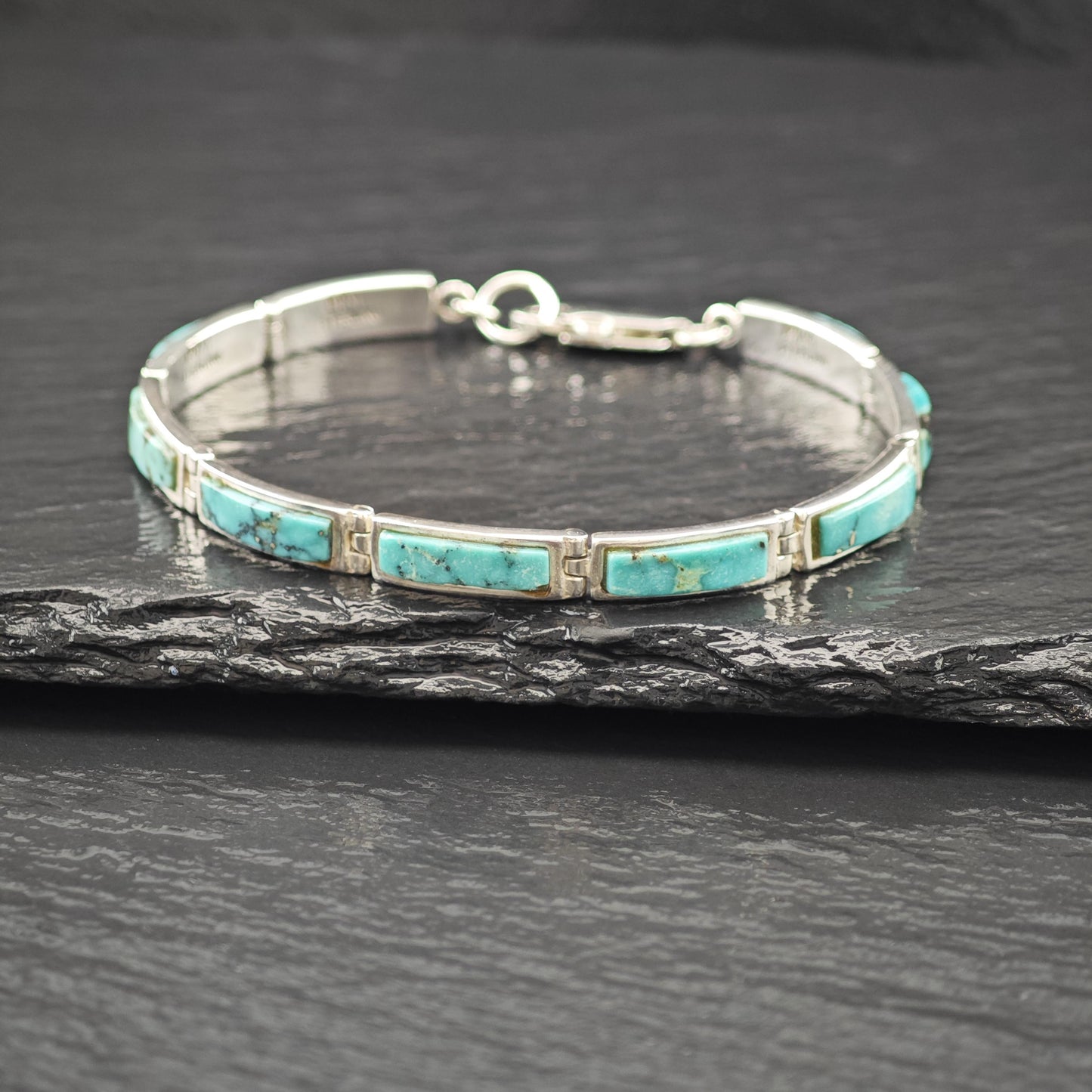 Spiderweb Turquoise Inlay Line Bracelet Sterling Silver Size 6 3/4"