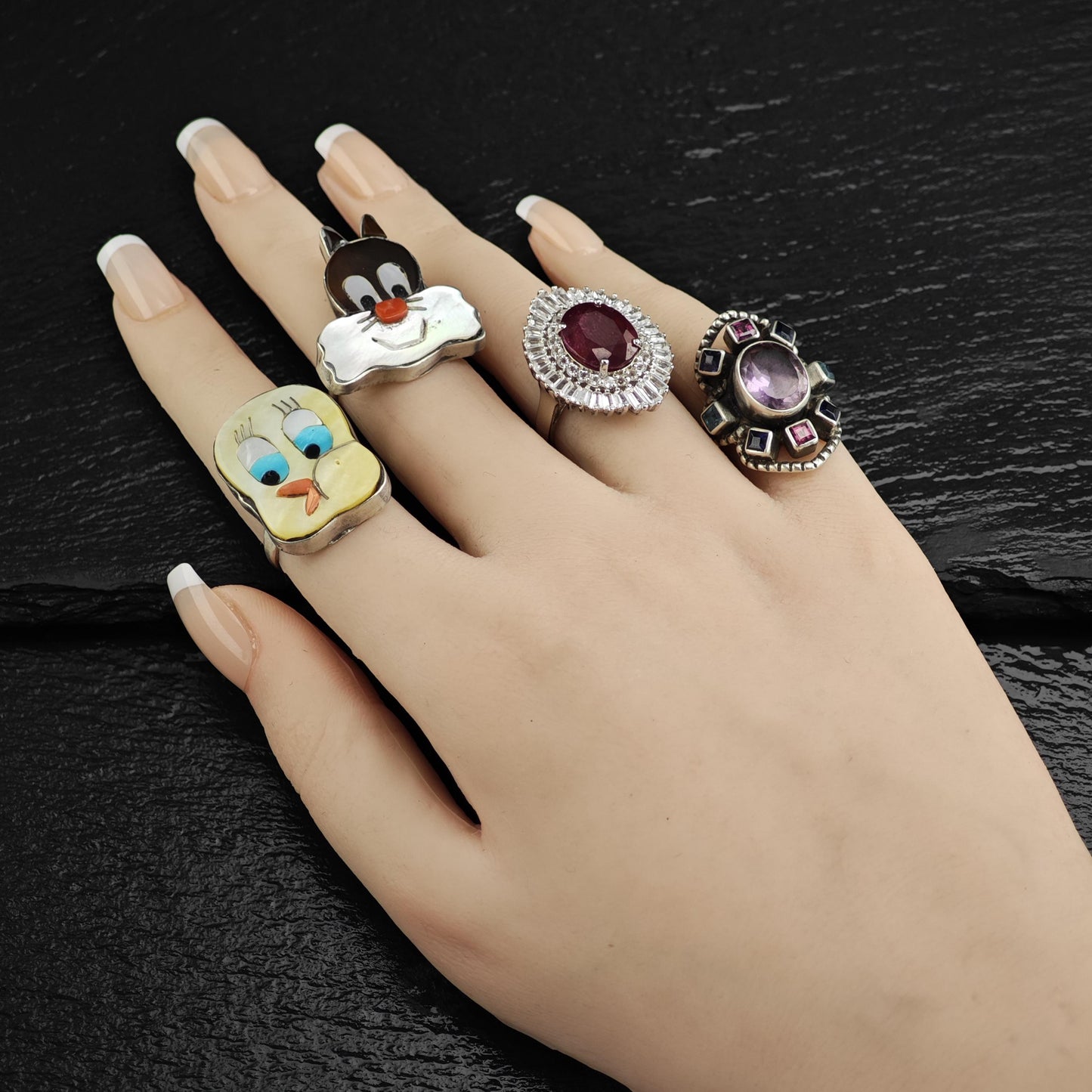 Perry Spencer Navajo Cartoon Cat Inlay Sterling Silver Ring Sz 6 1/4 R6568