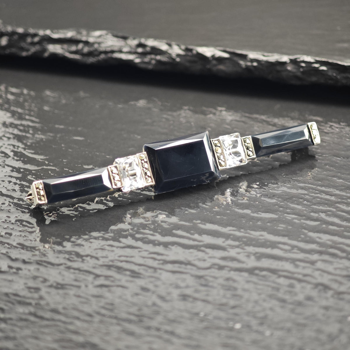 Art Deco Rock Crystal, Marcasite Onyx Sterling Silver Brooch B2255