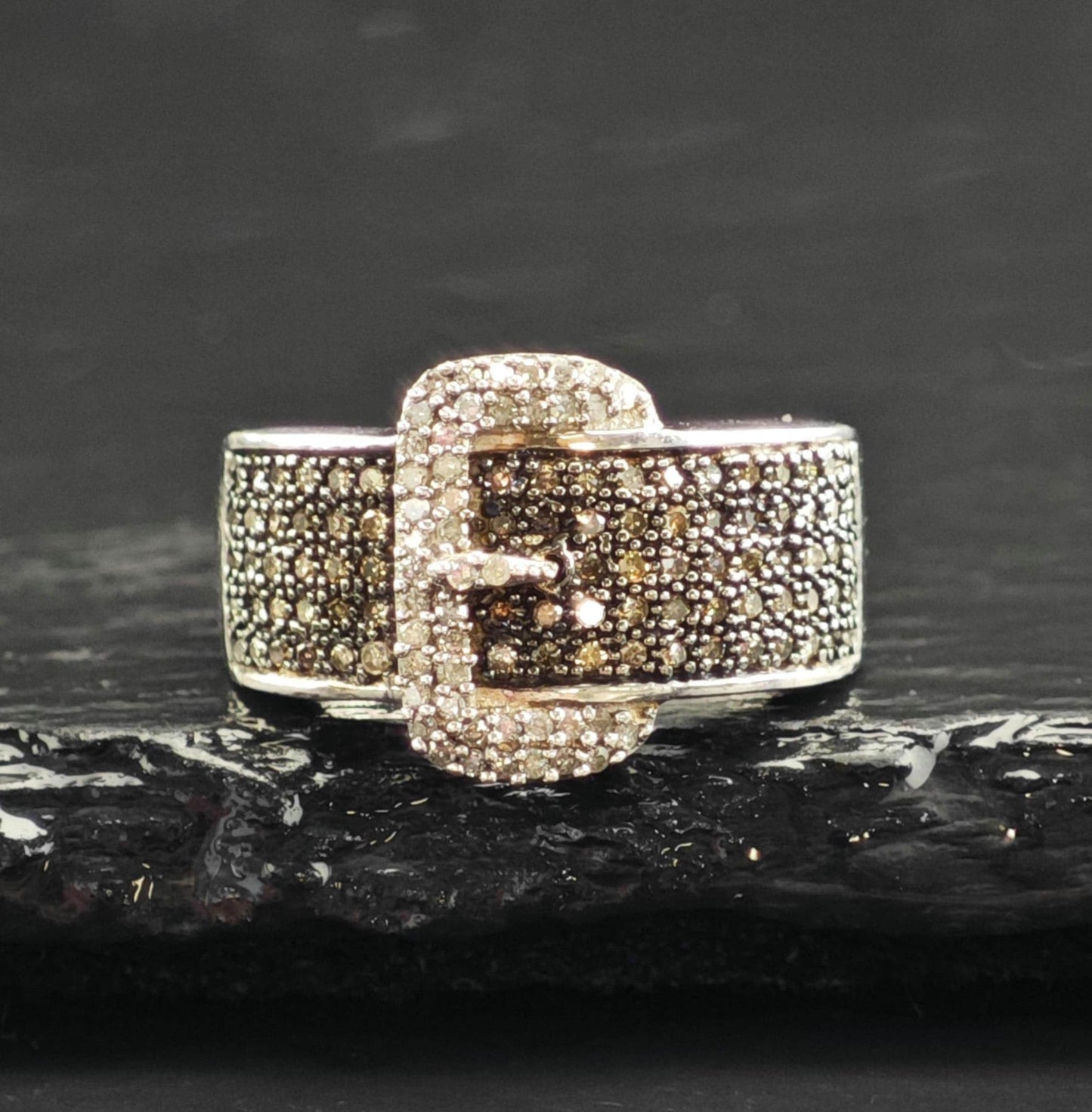 Brown & White Diamond Belt Buckle Sterling Silver Ring Sz 5 1/4 R6564