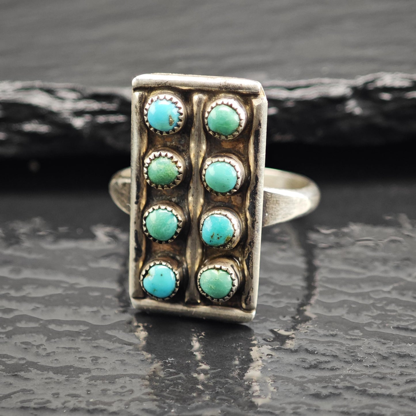 Vintage Zuni Petit Point Turquoise Rectangular Sterling Silver Ring Sz 7 3/4 R6644
