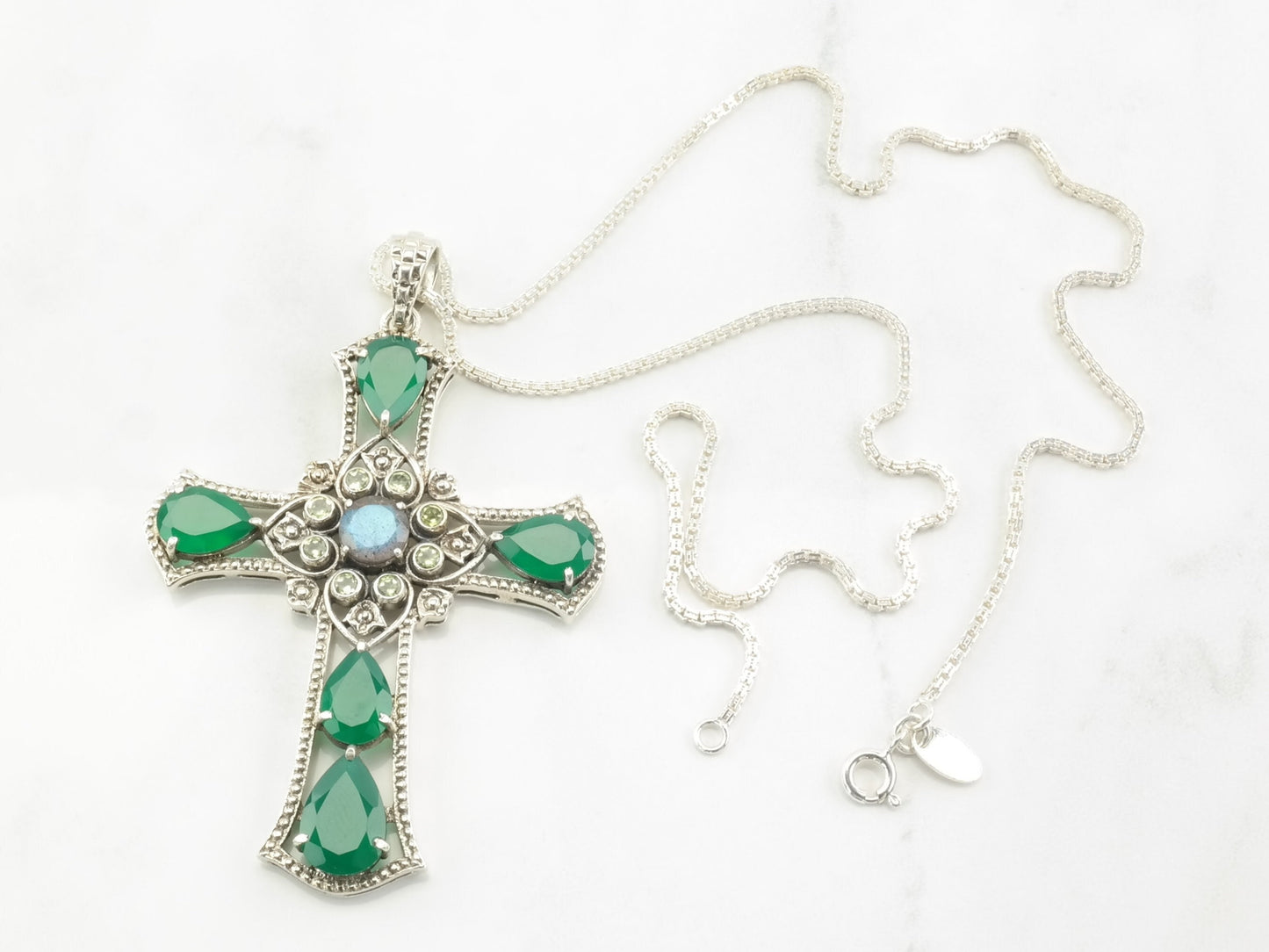 Vintage Nicky Buttler Sterling Silver Chrysoprase Peridot Labradorite Large Cross Necklace