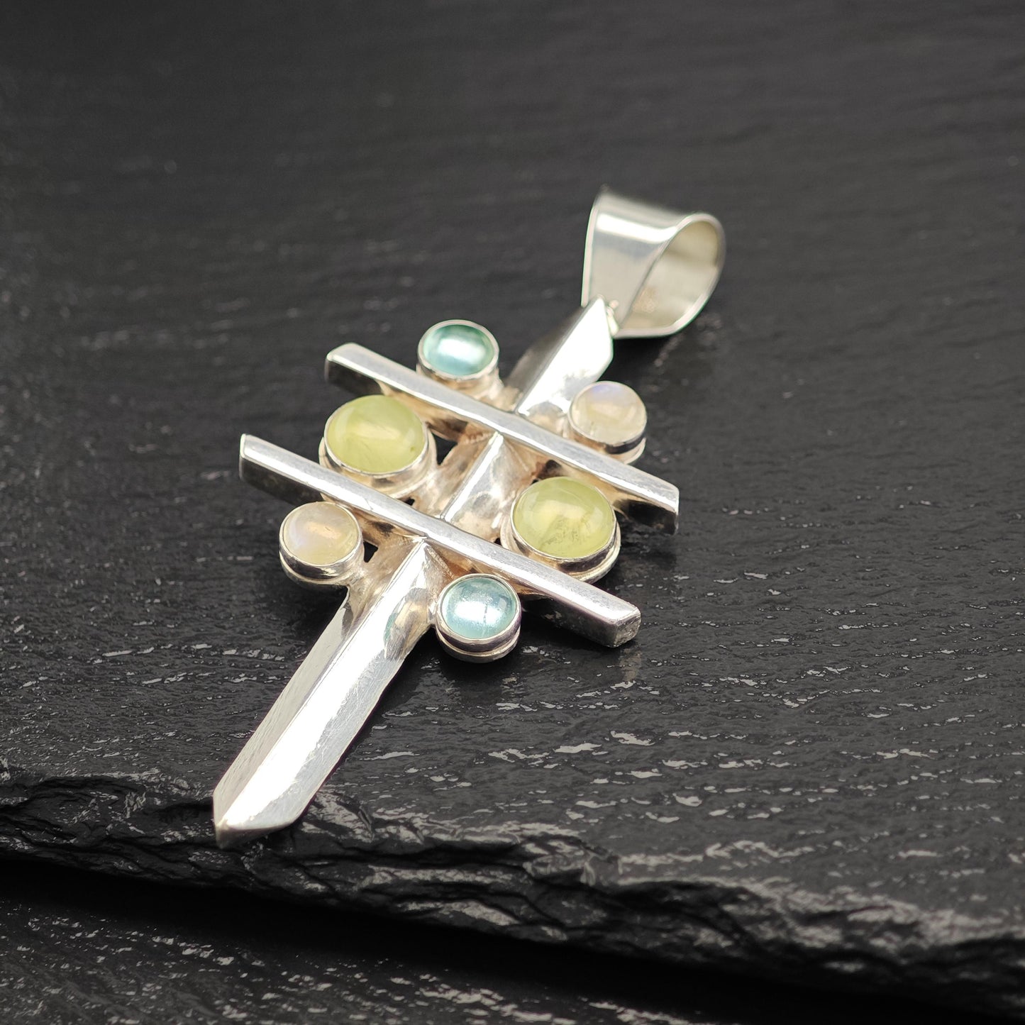 Vintage DTR Moonstone, Prehnite, Topaz Cross Pendant Sterling Silver