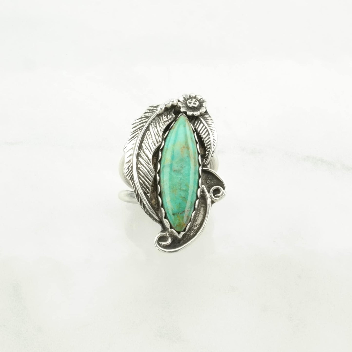 Vintage Native American Silver Ring Turquoise Leaf Sterling Blue Size 5 1/4