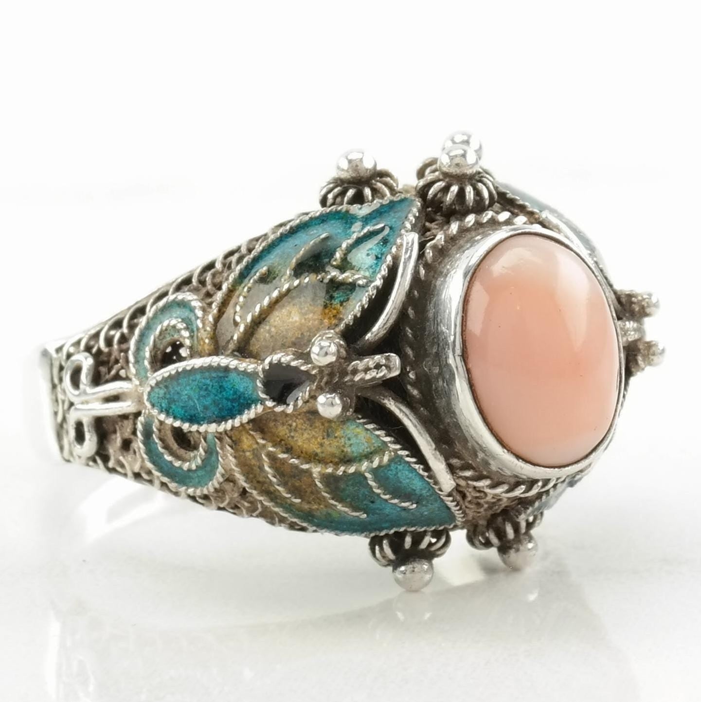 Chinese Export Ring Coral Enamel, Butterfly Sterling Silver Sz7 R4592