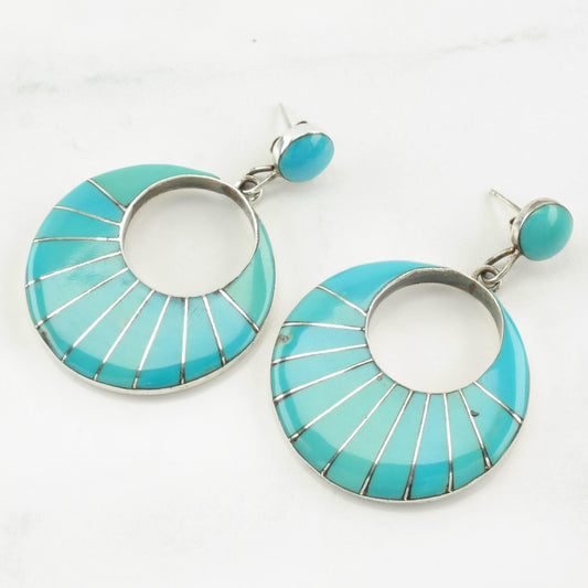 Native American Blue Turquoise Inlay Earrings Sterling Silver Stud, Dangle