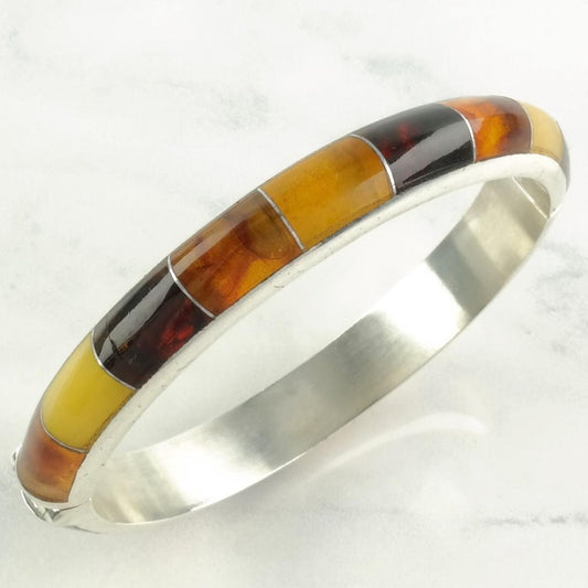 DTR Sterling Silver Bangle Bracelet Orange Amber Inlay