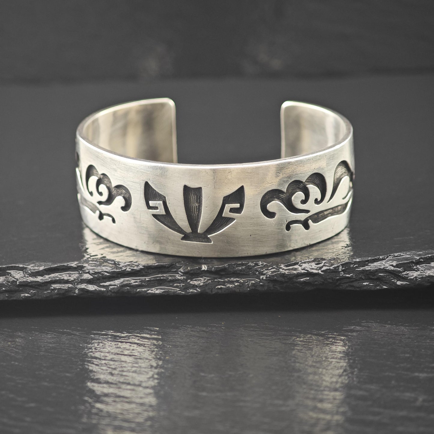 Hopi, Hubert Yowystewa Overlay Cuff Bracelet Sterling Silver Native American