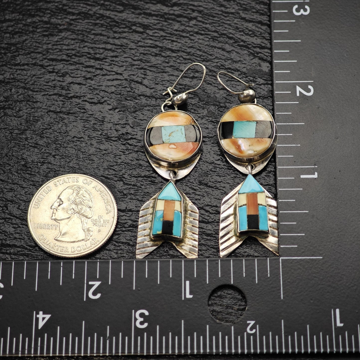 Vintage SW Style Inlay Arrowhead Kidney Wire Sterling Silver Earrings ER3198